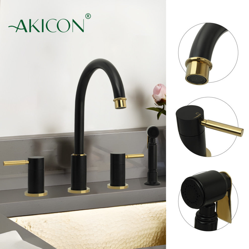 Two-Handles Copper Widespread Kitchen Faucet With Side Sprayer, Matte Black & Gold