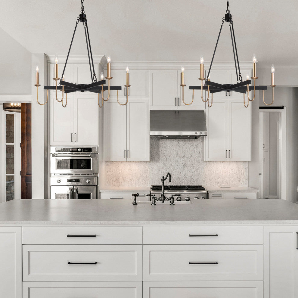 LNC 6-Lights Matte Black Modern Gold Candle-Style Chandelier For Dining Room
