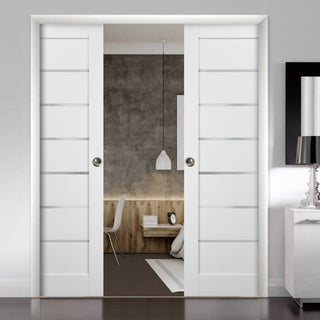 Double Pocket Doors 84x84|Frames|Quadro 4117 White Silk|Frosted Opaque Glass