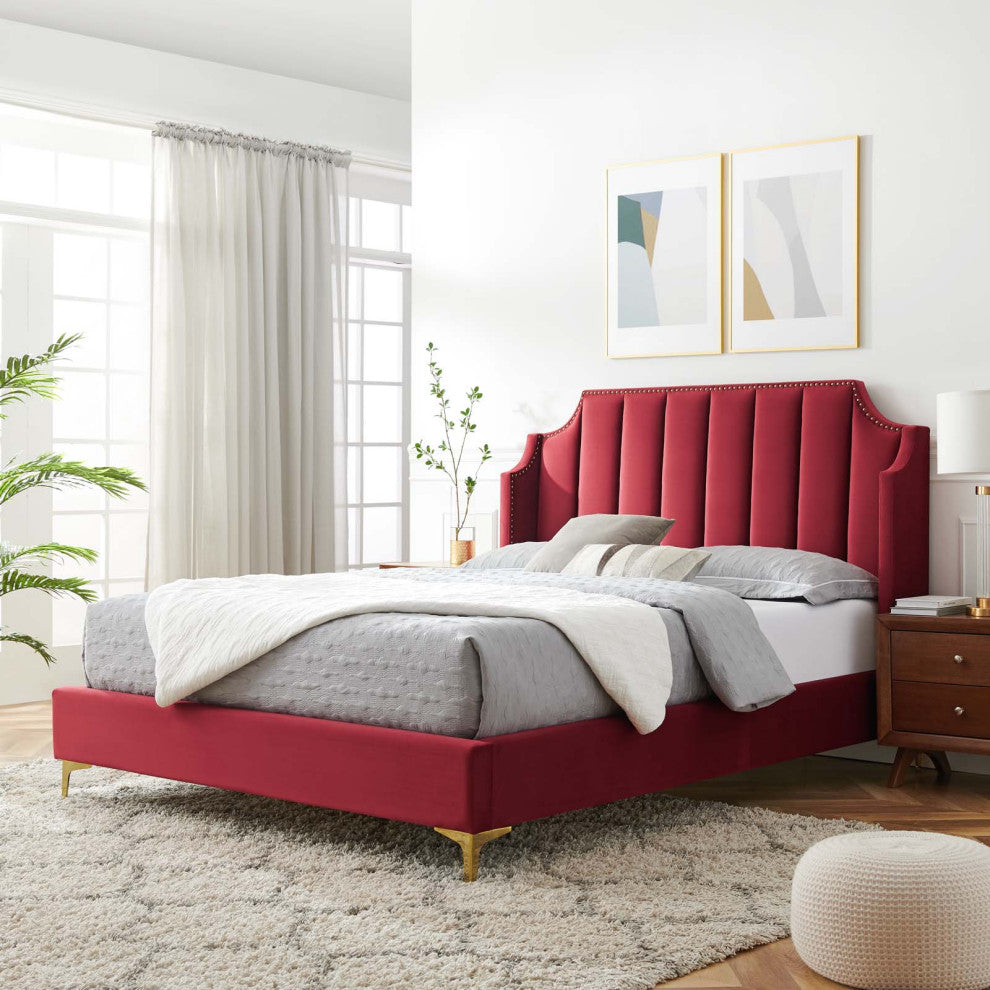 Platform Bed Frame, Queen Size, Velvet, Red, Modern Contemporary, Bedroom Master