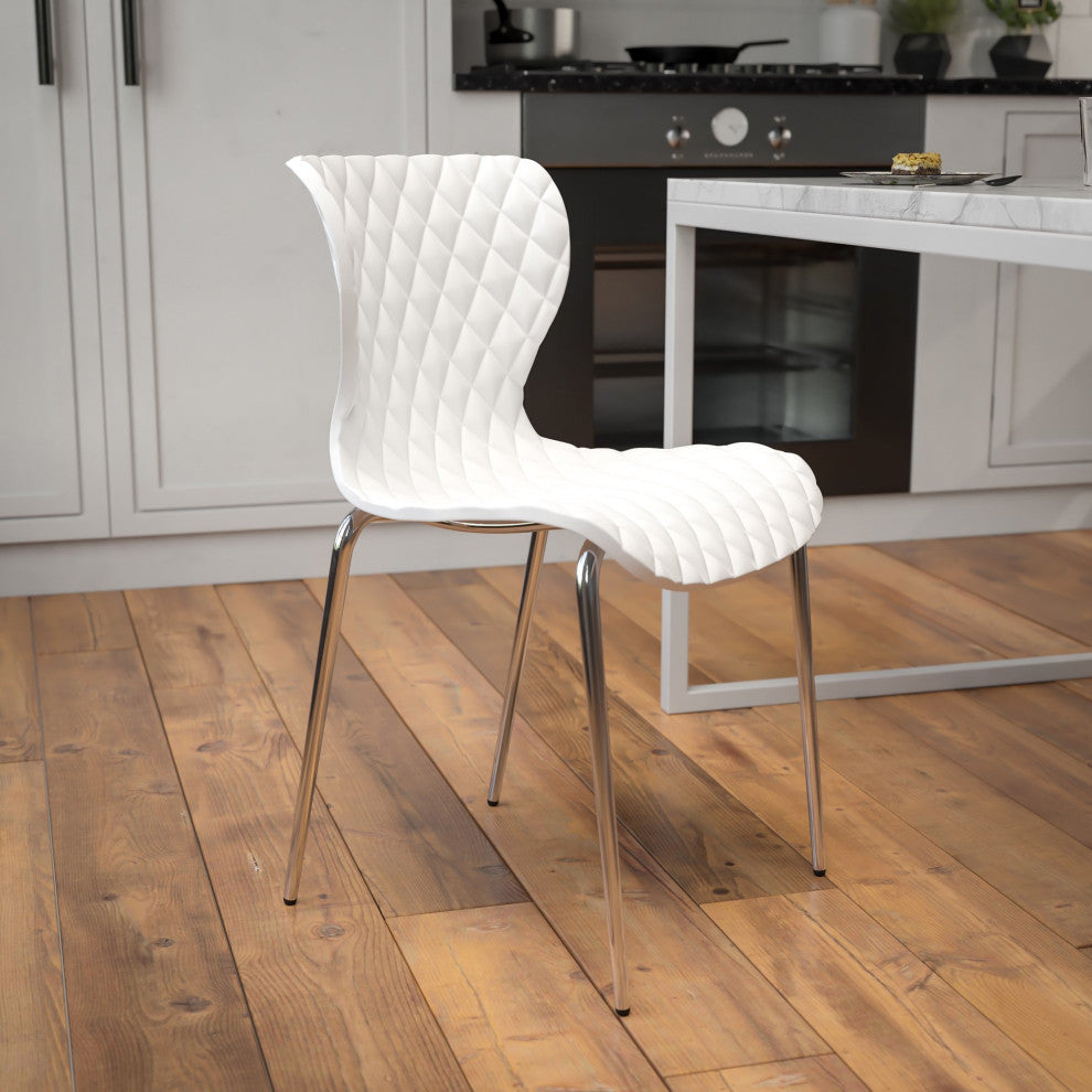 Set of 4 Stackable Dining Chair, Ripple Diamond Patterned Seat, White