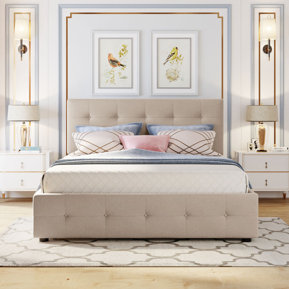Queen Wood Frame Platform Bed with Drawers and Twin XL Trundle, Beige, Queen