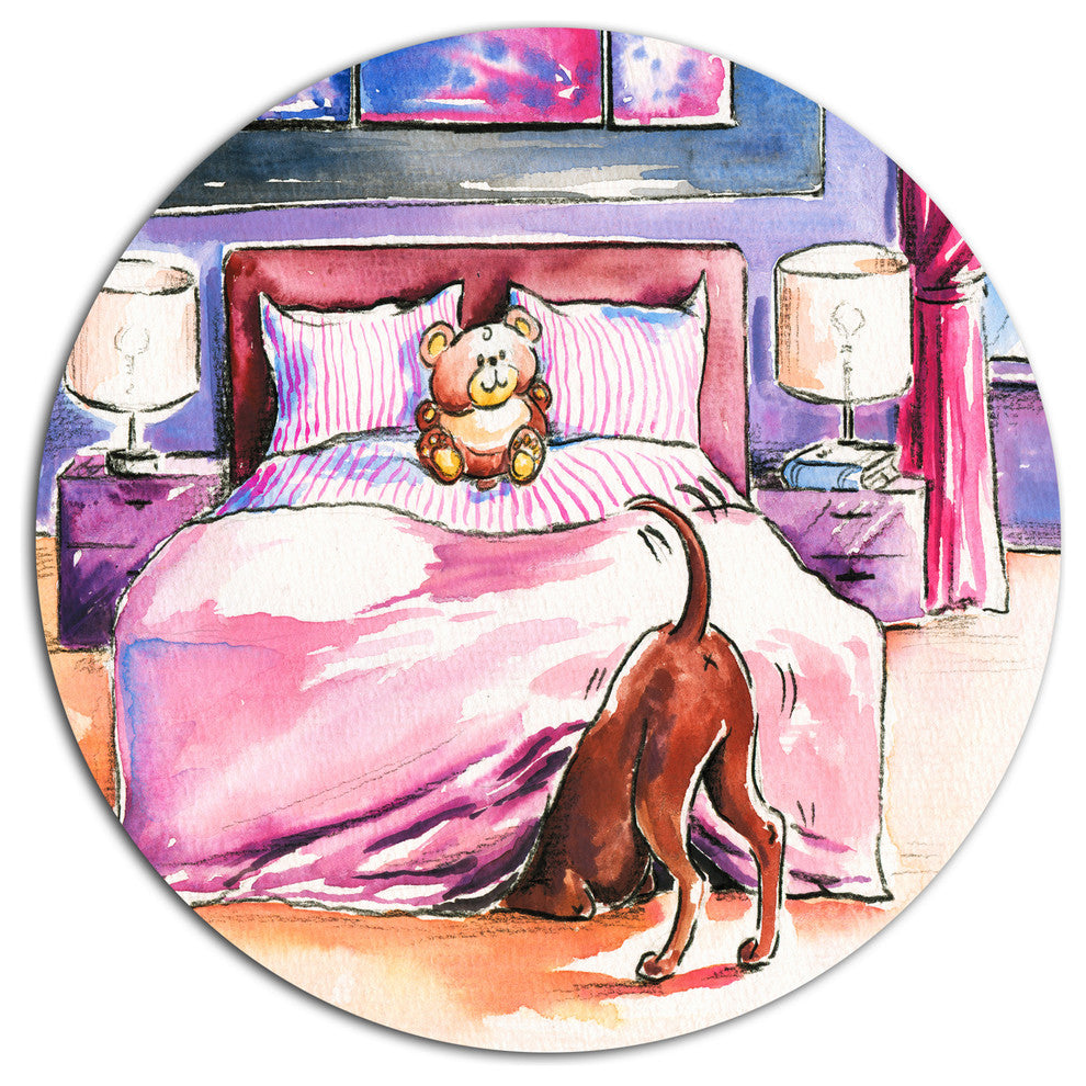 Brown Dog In Bedroom, Animal Disc Metal Wall Art, 36"