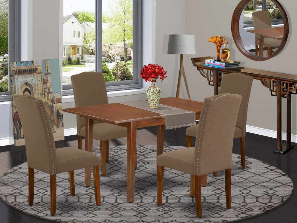 5Pc Rectangle 48/60" Kitchen Table, 12 In Butterfly Leaf, 4 Chair, Dark Coffee