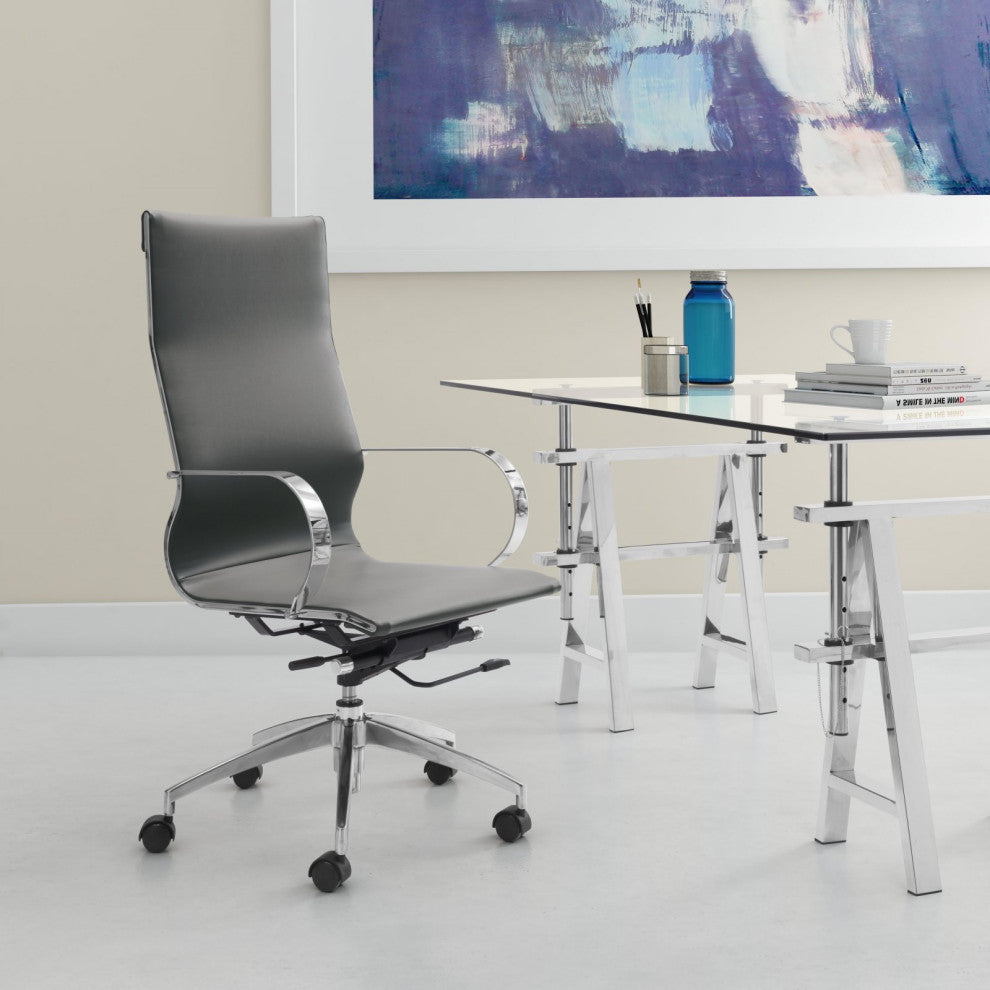 Computer Work High BackChair, Faux Vinyl Leather, Gray, Silver, Home Office