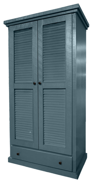 Farmhouse Extra Wide Solid Wood Wardrobe With Shutter Doors, Smokey Blue