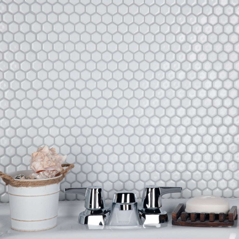 Colmena Hex Porcelain Floor and Wall Mosaic Tile, Glossy White