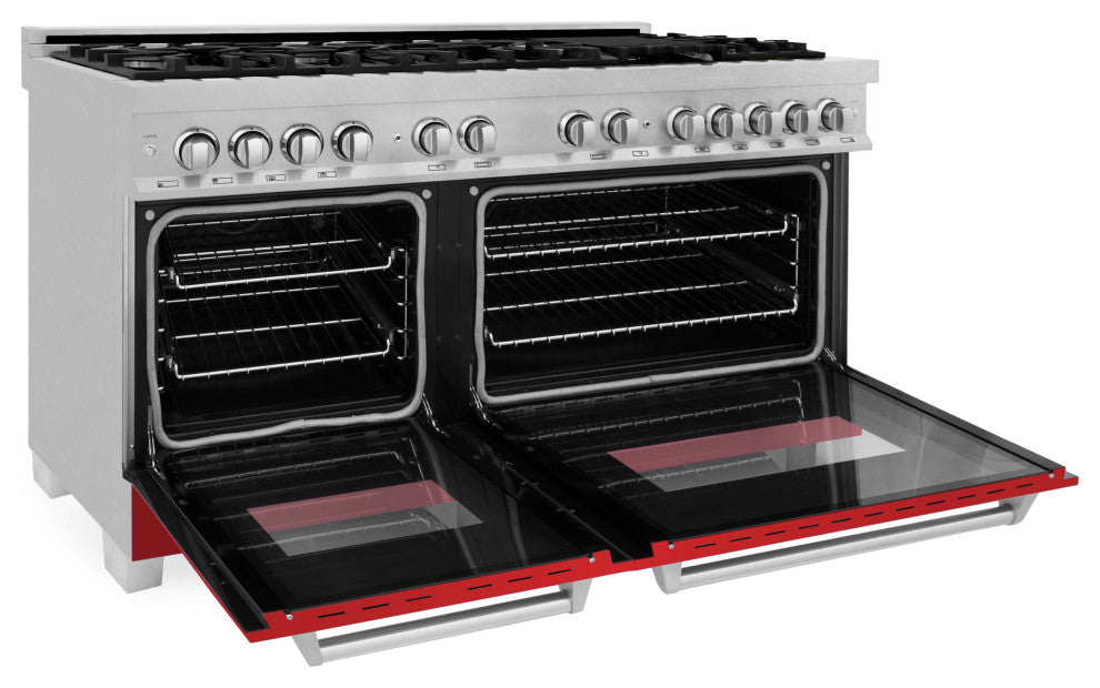 ZLINE 60" Dual Fuel Range, DuraSnow With Red Matte Door RAS-RM-60