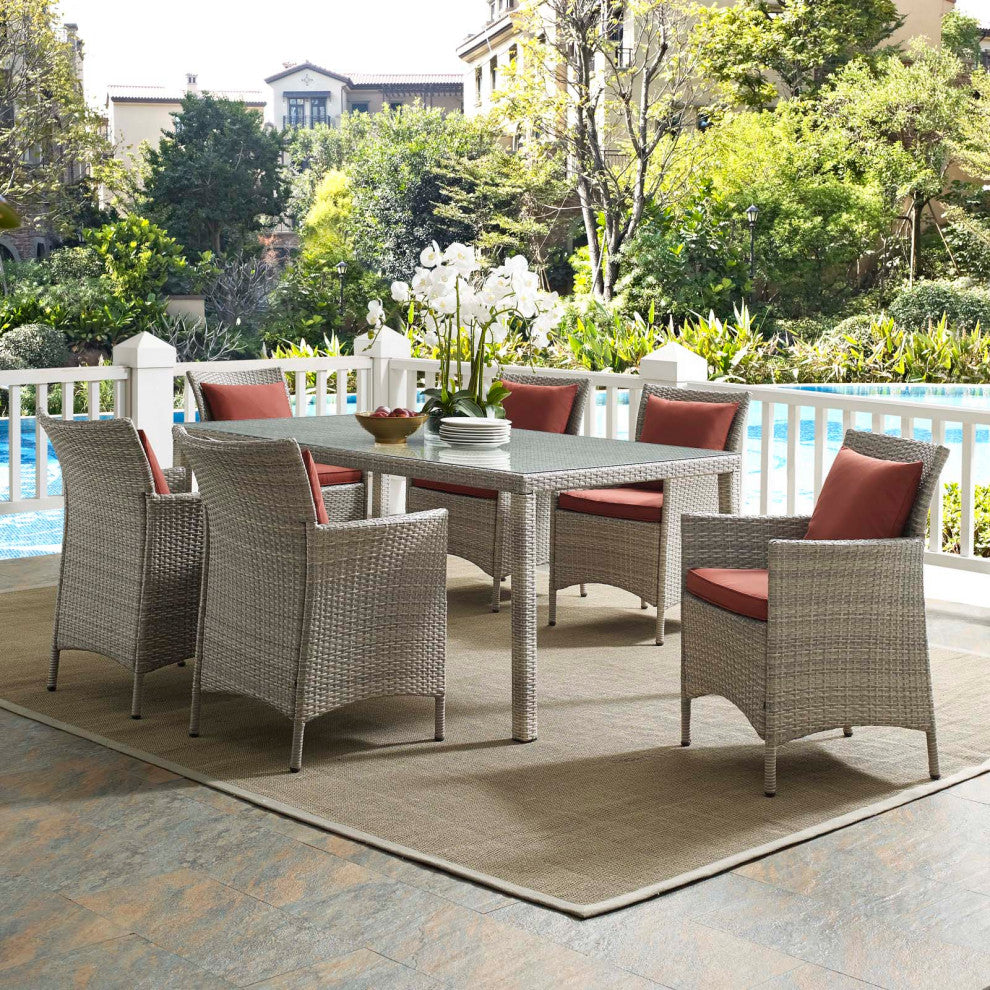 Side Dining Chair and Table Set, Rattan, Wicker, Dark Red Brown, Modern, Outdoor