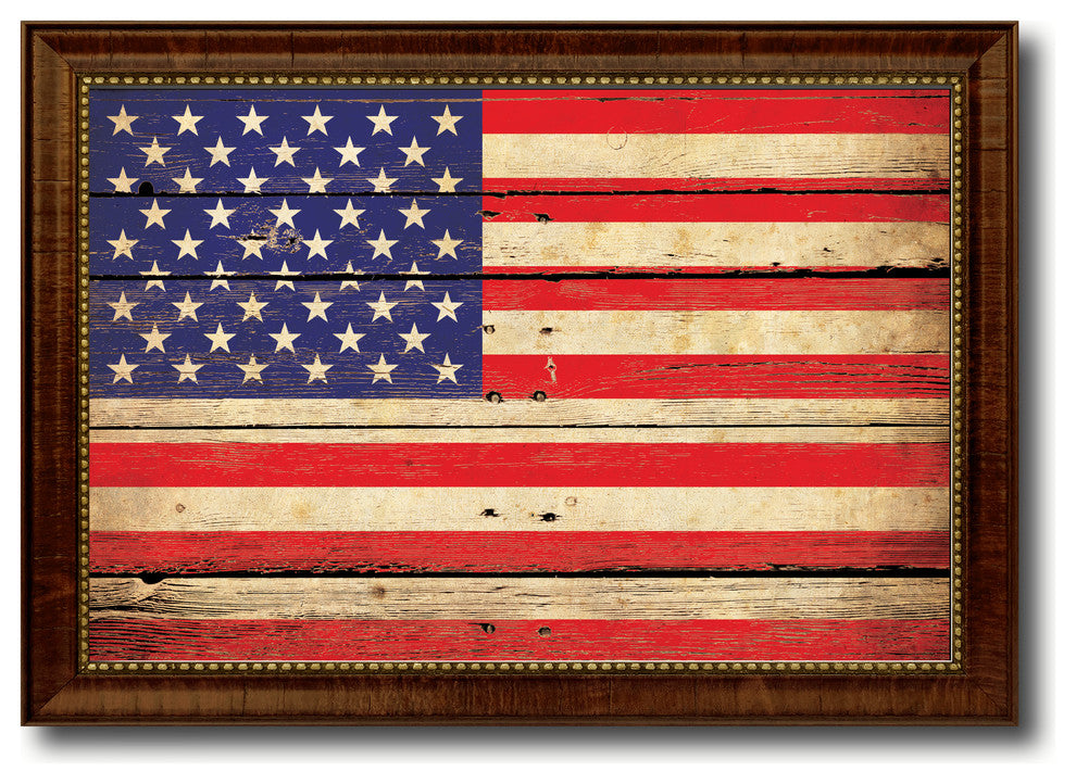 American Vintage Flag Print With Brown Gold Frame, 23"X33"