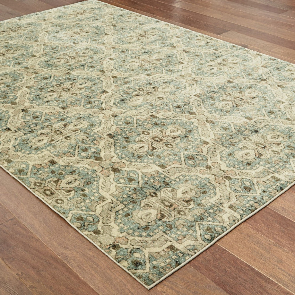 7"x10" Ivory and Blue Geometric Area Rug