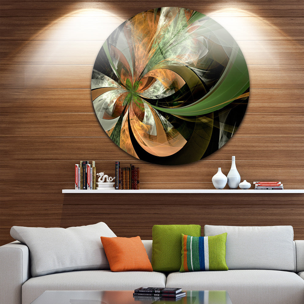 Orange And Green Fractal Flower, Modern Floral Round Wall Art, 36"