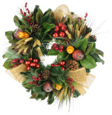 Wreath With Bows, Wheat, Pears, Red Picks, Red Matte Balls, And Magnolia Leaves.