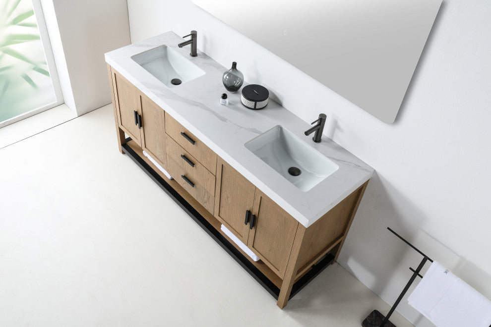 WINCHESTER Freestanding Modern Bathroom Vanity, Pecan Oak, 72", White Countertop