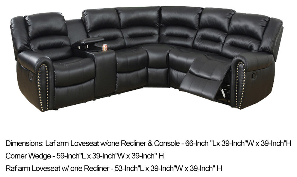 Benzara BM166729 Leather Upholstered Reclining Sectional With Console, Black