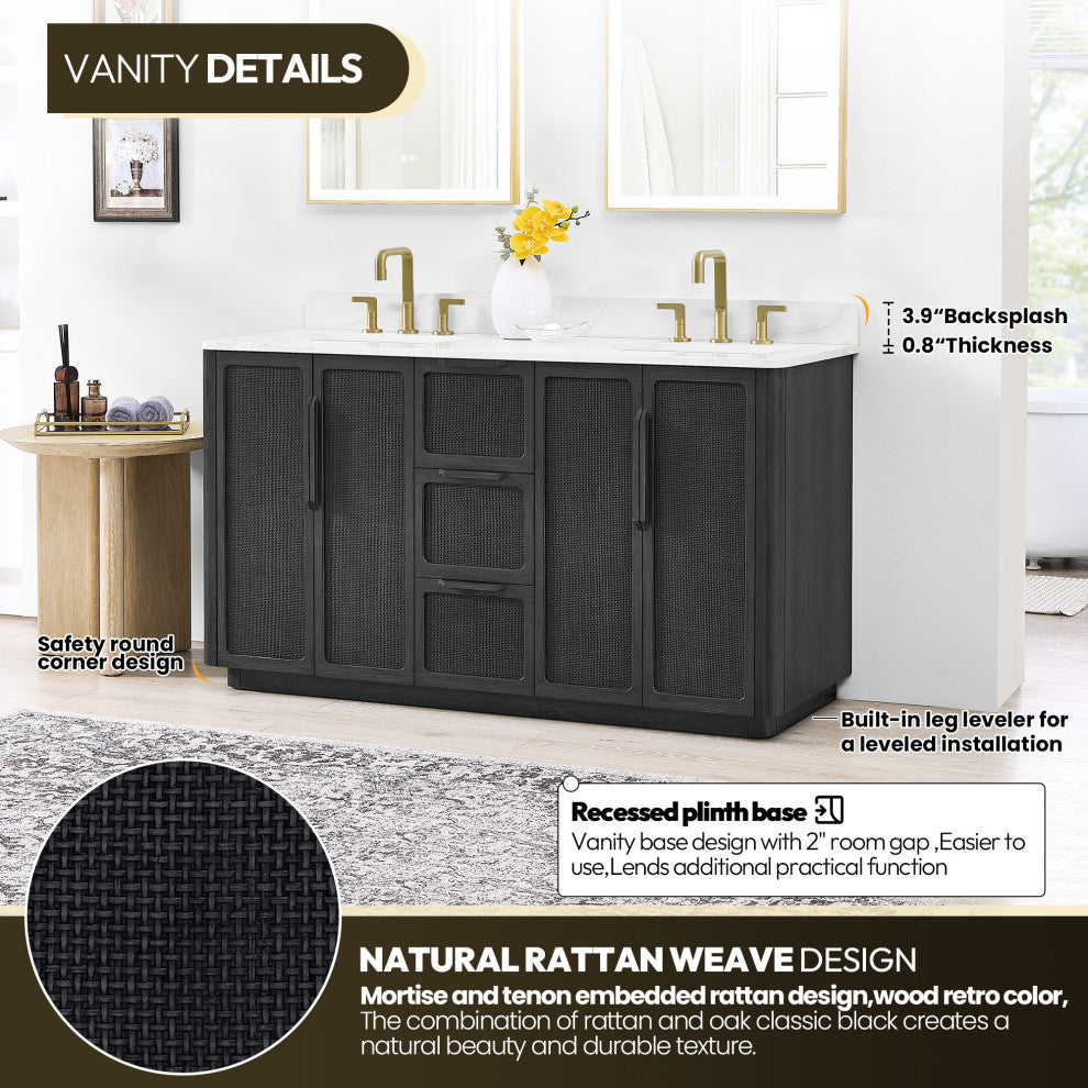 Busan Bath Vanity, Quartz Top No Mirror, Oak Classic Black, 60", Double Vanity