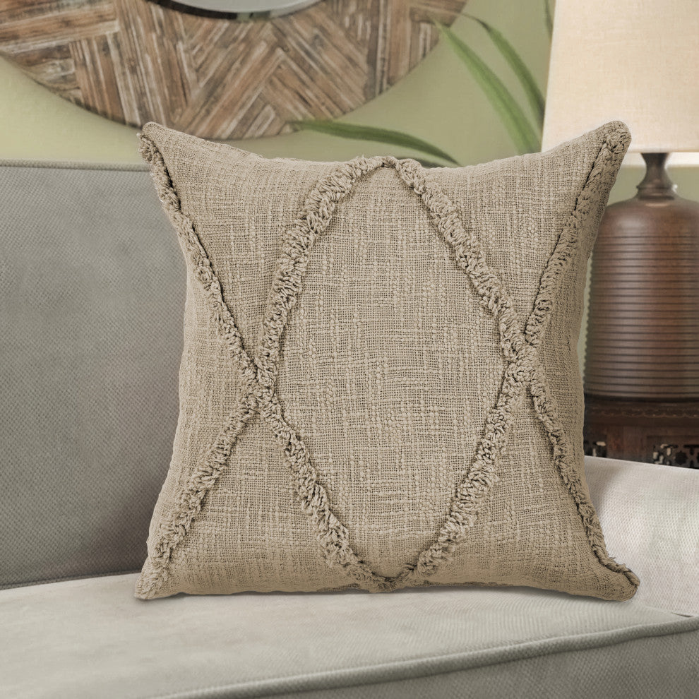 Boho Diamond Tufted Cotton Throw Pillow, Taupe, 20" X 20"