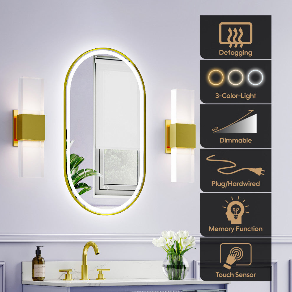 Oval LED Bathroom Vanity Mirror, Defogger and Dimmer, ETL-listed, Brushed Gold, 20"x36"