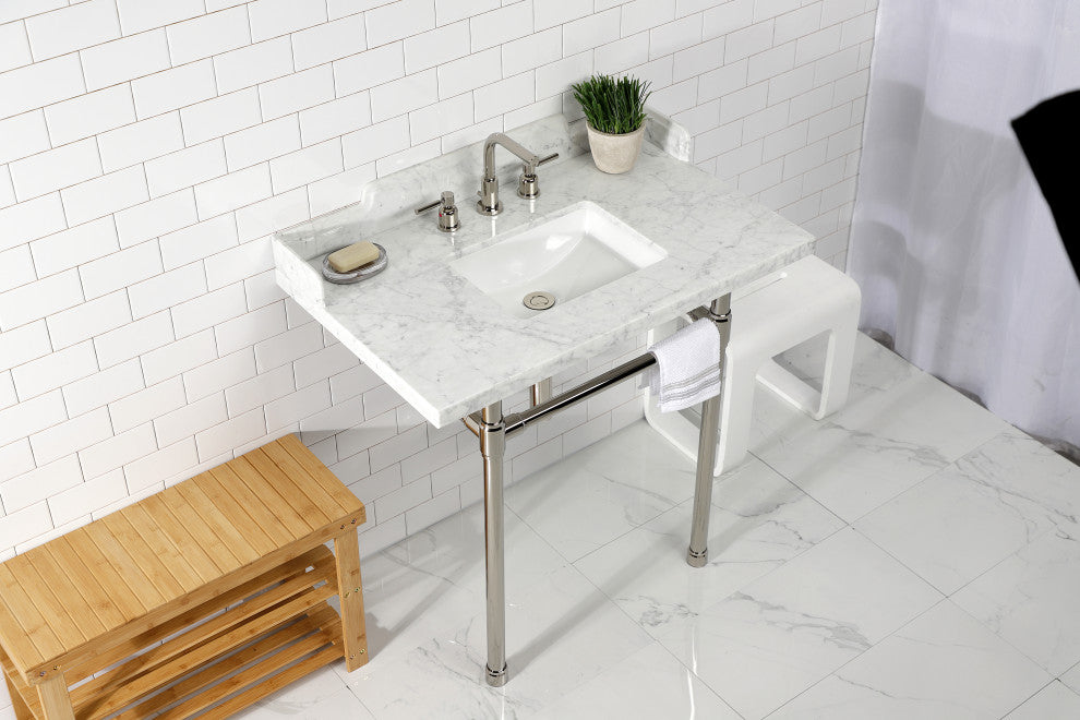Kingston Brass LMS36M8SQ6ST 36" Carrara Marble Console Sink, Legs