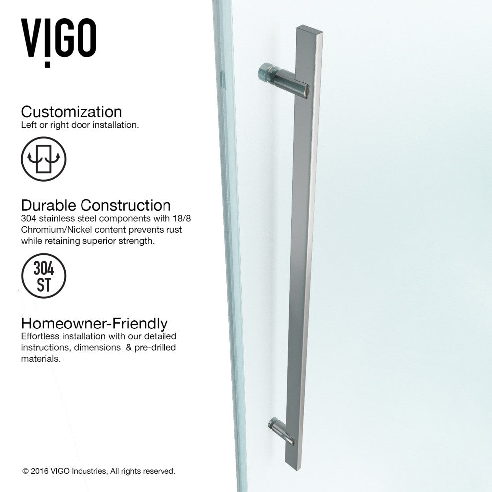 VIGO Luca 56" to 60" W x 79" H Frameless Sliding Shower Door, Stainless Steel, Clear Glass