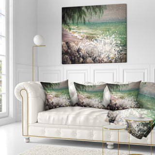 Rocky Seashore with White Waves Seashore Throw Pillow, 18"x18"