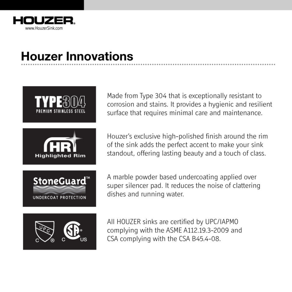 Houzer A1722-7BS Glowtone 17" Drop In Single Basin Stainless - Stainless Steel