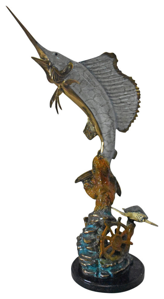 Sailfish with Turtle Bronze Statue - Size: 12"L x 18"W x 31"H.