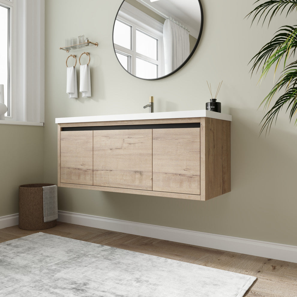 BNK Single Sink Bathroom Vanity, Wall Mounted 48", 48"x18", Imitative Oak
