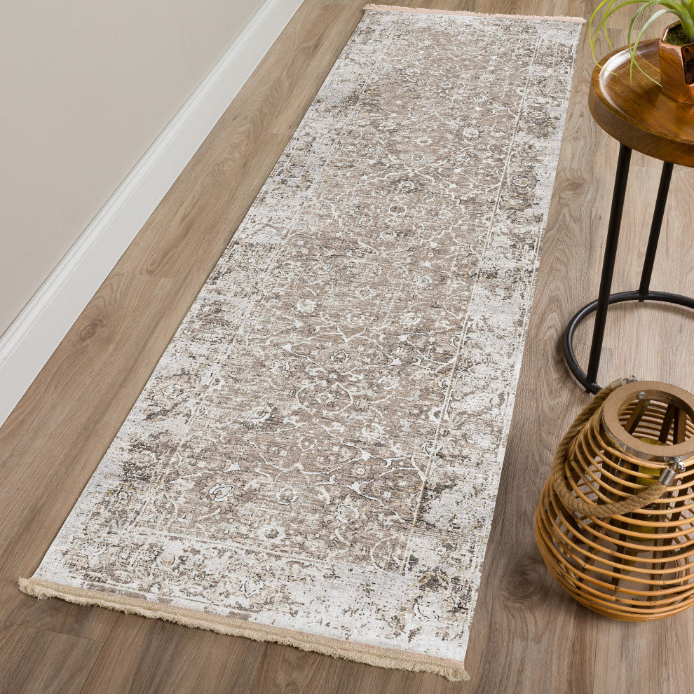Indoor/Outdoor Marbella MB2 Taupe Machine Washable 2'3" x 12' Runner Rug