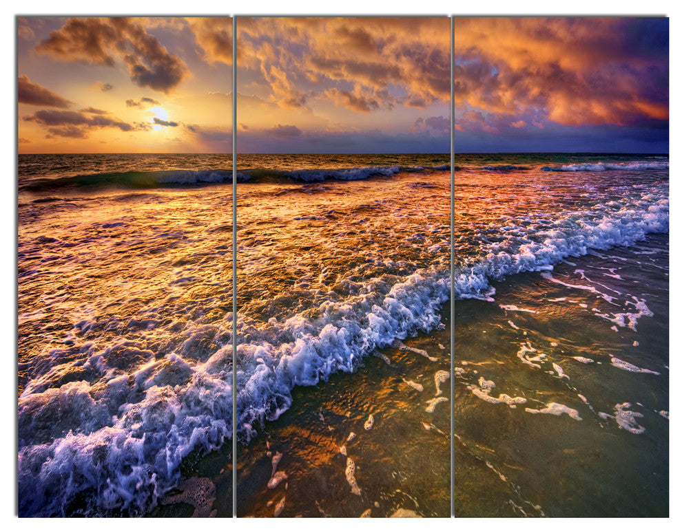 Beautiful Sunset with White Waters, Seashore Canvas Art Print, 36x28, 3 Panels