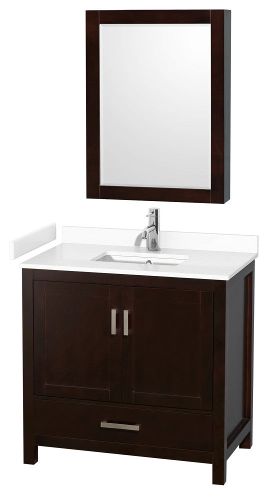 36"SGL Vanity Espresso, White Cult. Marble Countertop, Sink, Med. Cabinet