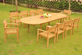 11-Piece Teak Dining Set, 117" Extension Oval Table, 10 Montana Stacking Chairs