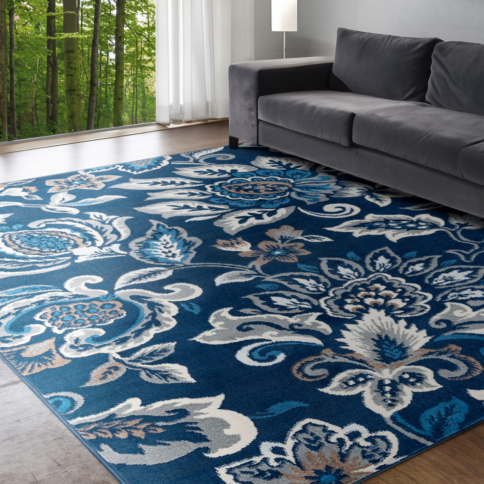 Stella Traditional Floral Dark Blue Rectangle Area Rug, 5'x7'
