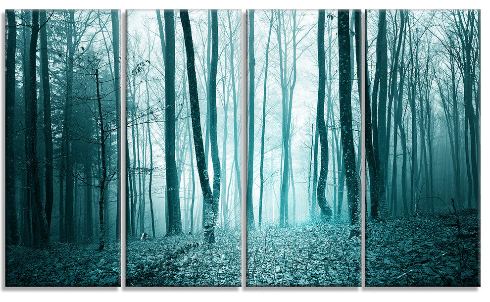 Turquoise Colored Magic Forest, Modern Forest Canvas Art, 48"x28", 4 Panels