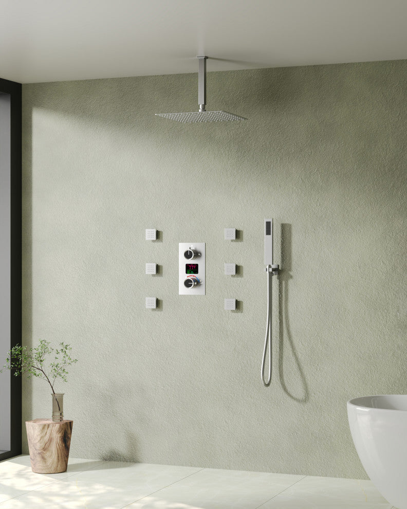 Digital Shower System 12" Rainfall Shower Head With 6 Body Jets, Brushed Nickel