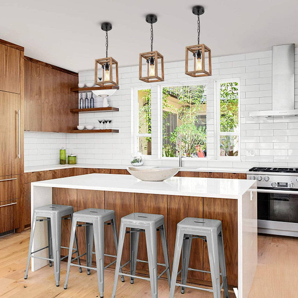 Wooden Square Pendant Lighting Fixtures Cage Swag Hanging Chandelier