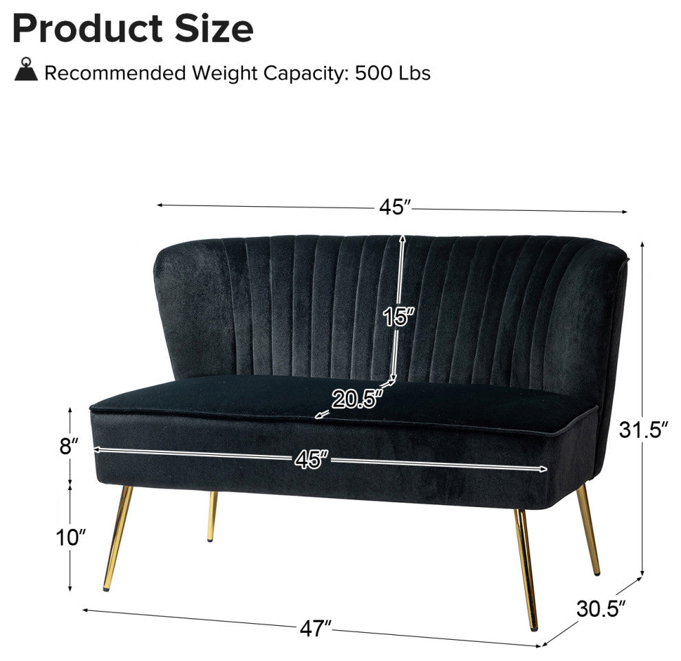 Velvet Tufted Loveseat Sofa With Golden Base, Black