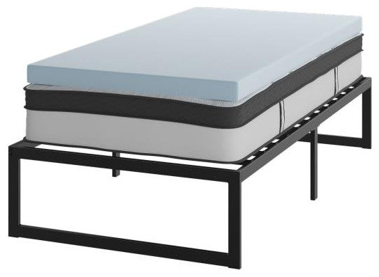 14" Metal Platform Bed Frame, 12" Pocket Spring Mattress & Memory Foam Topper, Black, Twin