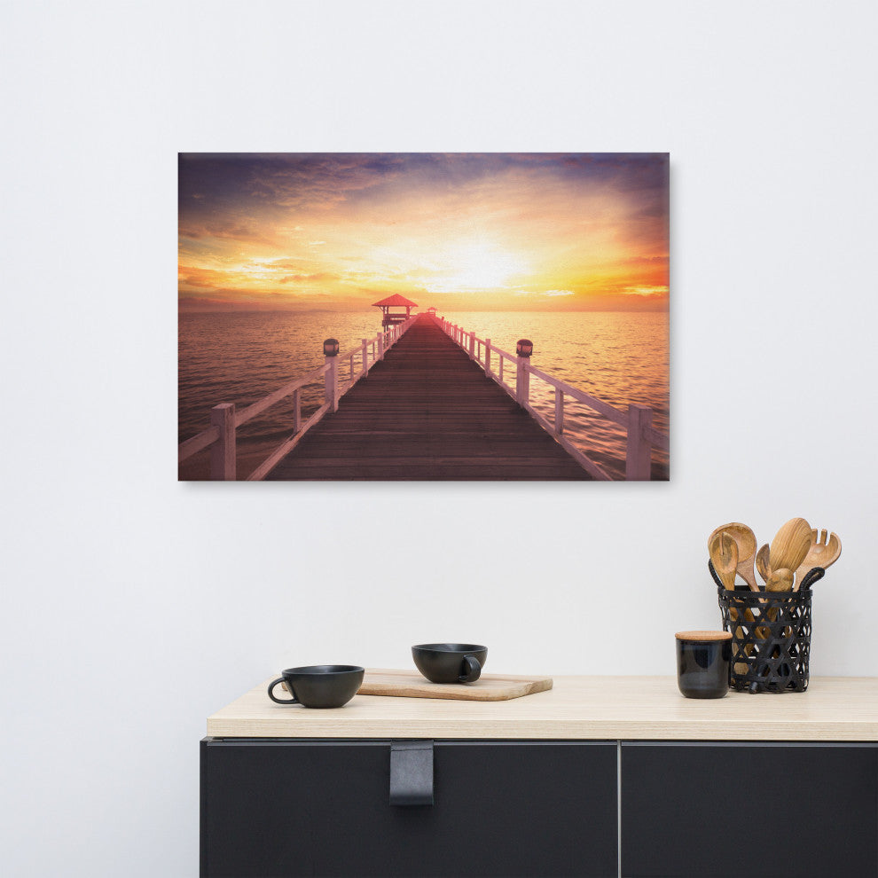 Surreal Wooden Pier at Sunset Landscape Photo Canvas Wall Art Prints, 24" X 36"