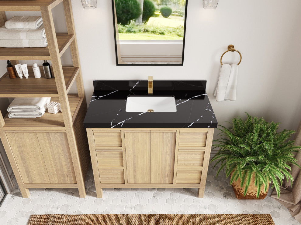 Elizabeth Oak 42" Single Sink Vanity, White 2" Calacatta Black
