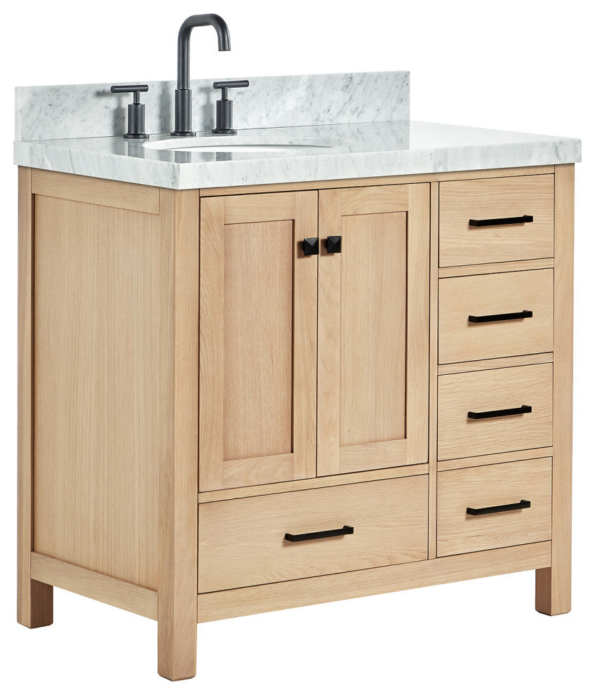Cambridge 36" Single Bath Vanity With Italian Carrara Marble Top, Oak