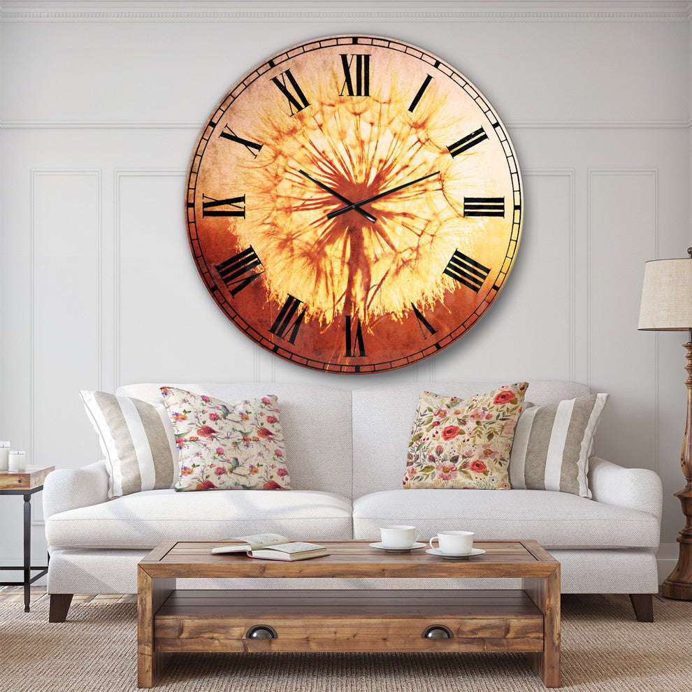 Blossom Dandelion Flower On Brown Flower Large Wall Clock, 36x36
