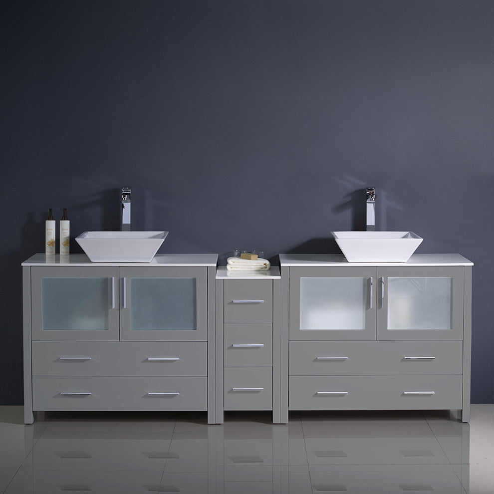 Torino Double Sink Bathroom Cabinets With Tops and Vessel Sinks, Gray 84"