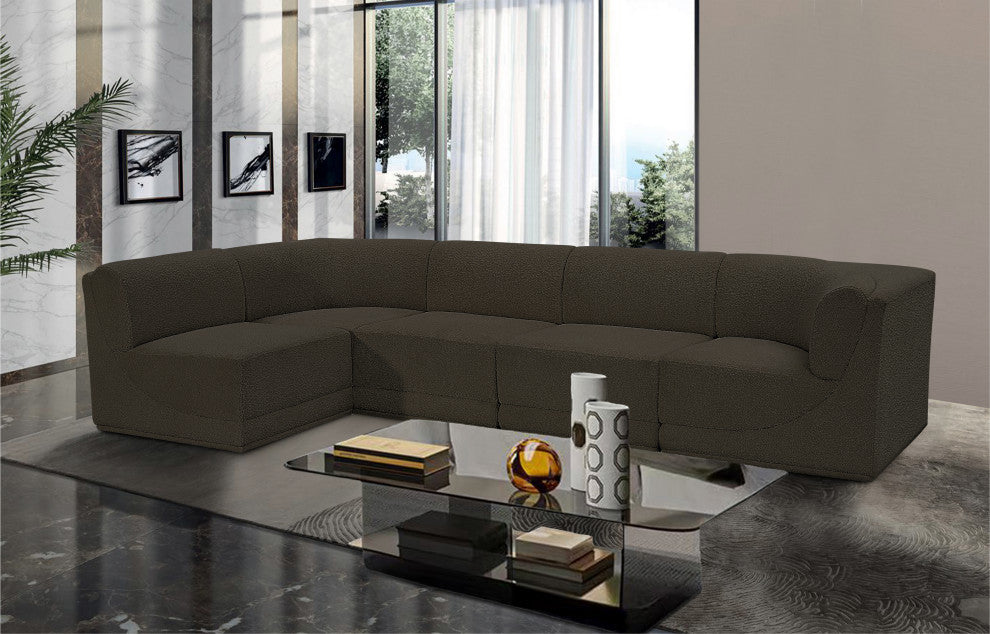 Ollie Black Boucle Fabric L-Shaped Modular Sectional, Brown, 5-Piece: 3 Armless Chair, 2 Corner Chair