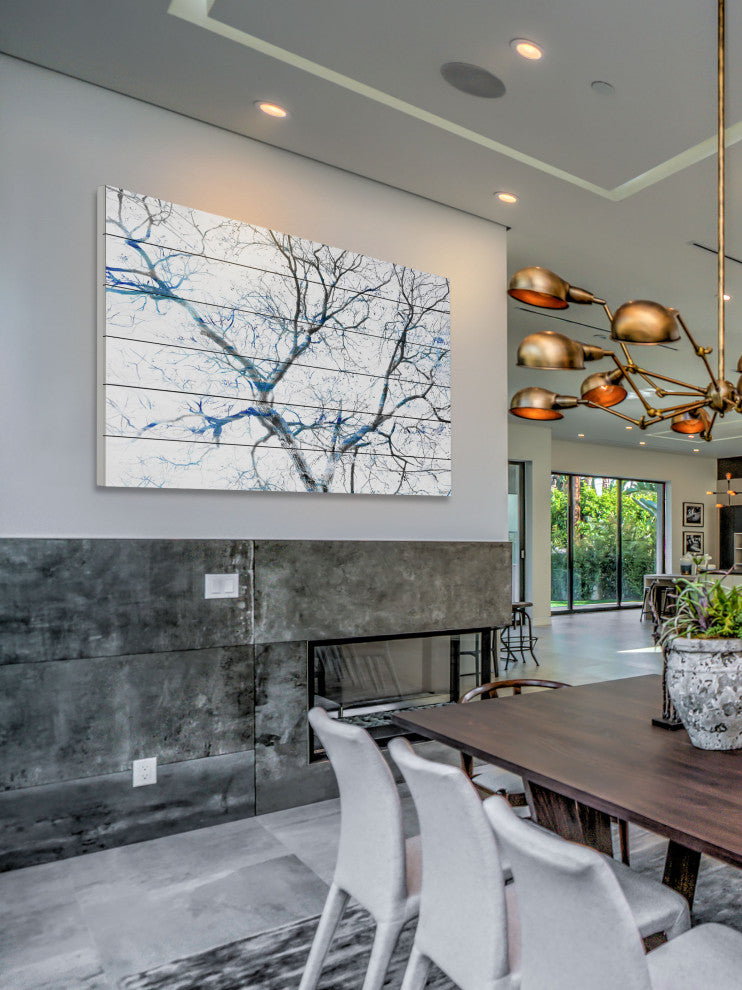 "Blue Branches" Print on White Wood, 60"x40"