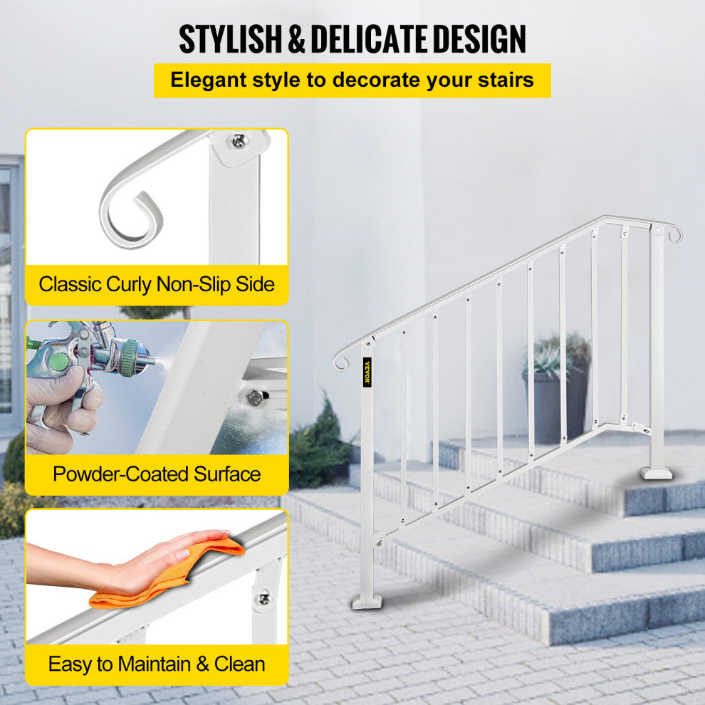Wrought Iron Handrail Outdoor Stair Rail with Installation Kit, White, Fit 3-4 Steps