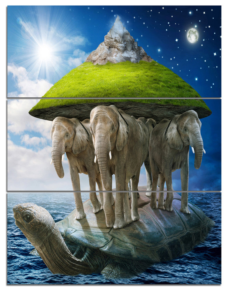 Giant Turtle Carrying Elephants, Abstract Triptych Canvas Print, 28x36, 3 Panels