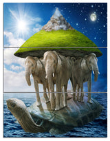 Giant Turtle Carrying Elephants, Abstract Triptych Canvas Print, 28x36, 3 Panels