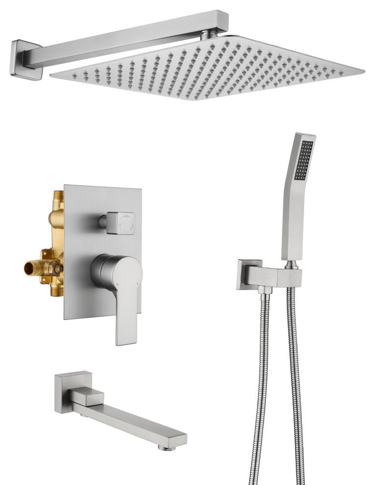 Wellfor Shower Faucet Set, Rain Shower Head, Handheld Shower and Tub Spout, Brushed Nickel, 12 Inch