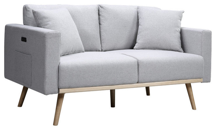 Easton Light Gray Linen Sofa Loveseat Chair, USB Charging Ports Pockets, Pillows